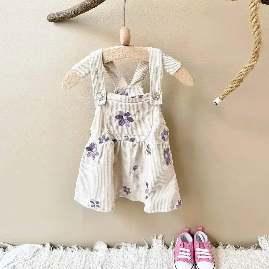 Girls Denim Dress With Floral Embroidery And Straps - Image 2