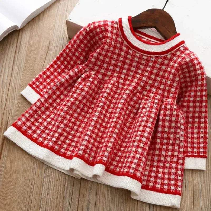 Girls Woolen Checkered Dress With Color Block Warmth - Image 8