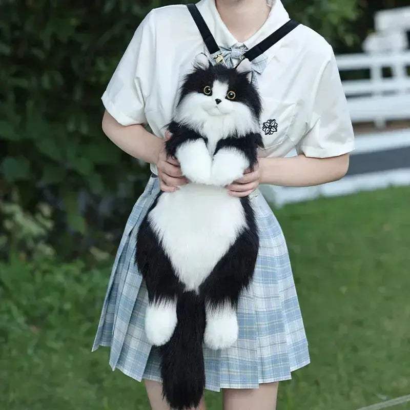 Handmade Plush Kitten Backpack With Tuxedo Design For Women And Kids
