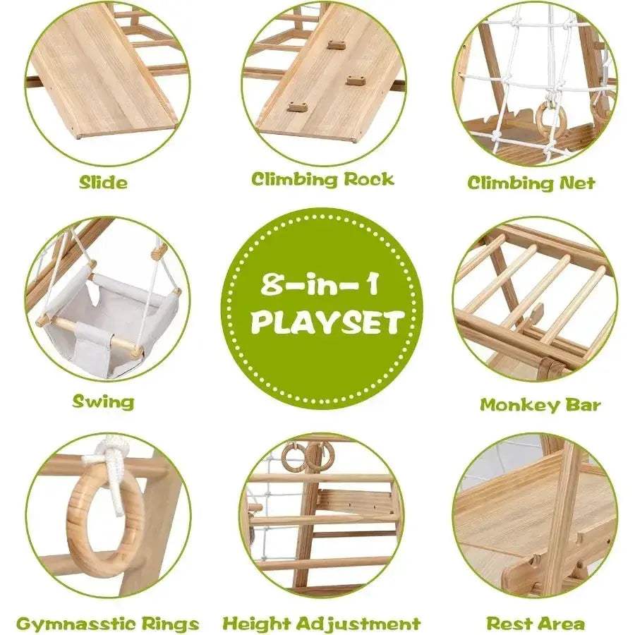 Indoor Wooden Climber Playset 8In1 Jungle Gym Montessori - Image 4