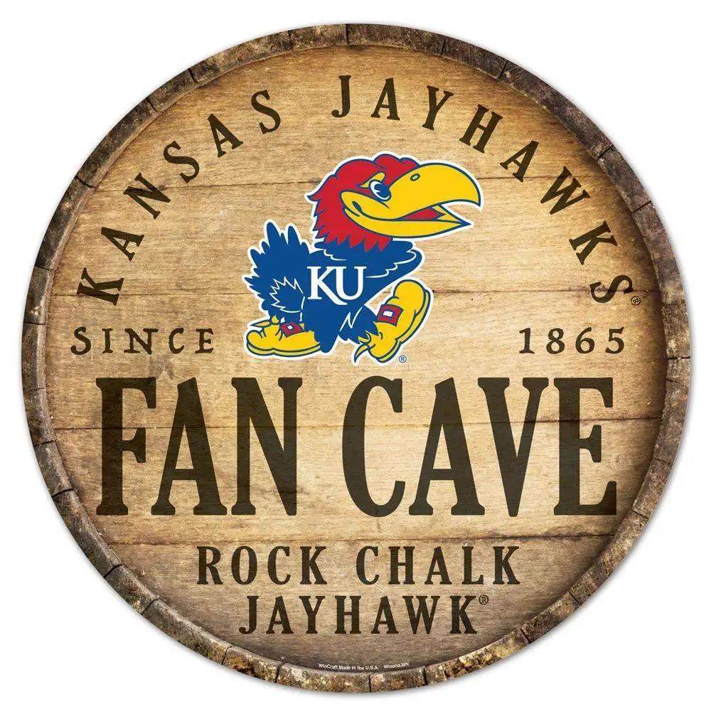 Kansas Jayhawks Wood Sign 14 Inch Round Barrel Top Special