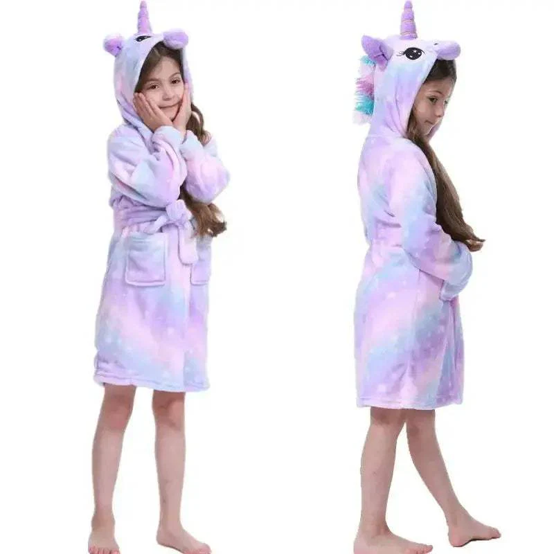 Kids Hooded Unicorn Bathrobe Fleece Kigurumi Cozy For Girls - Image 13