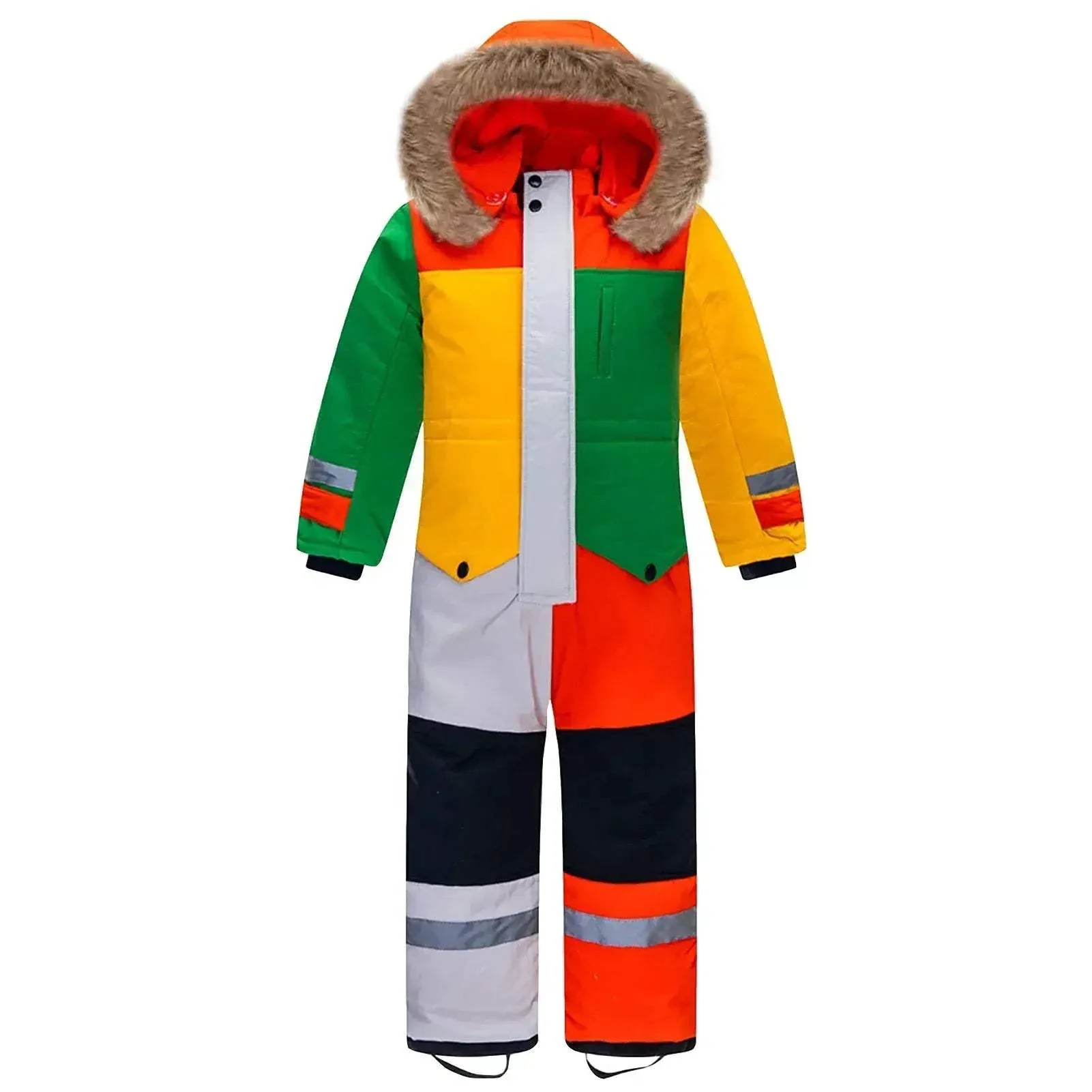 Kids Ski Suit One Piece Fur Hood Windproof Warm Winter