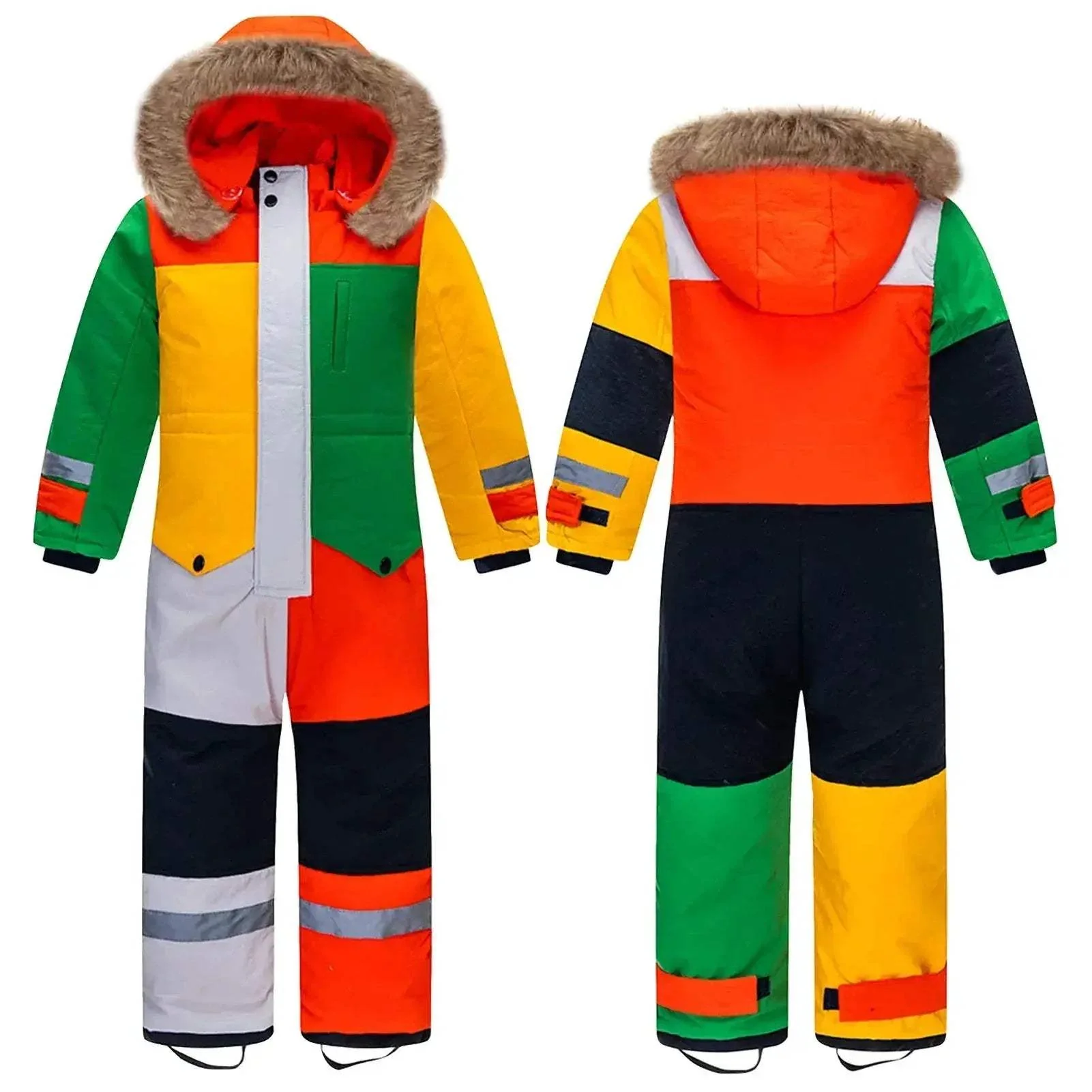 Kids Ski Suit One Piece Fur Hood Windproof Warm Winter - Image 3