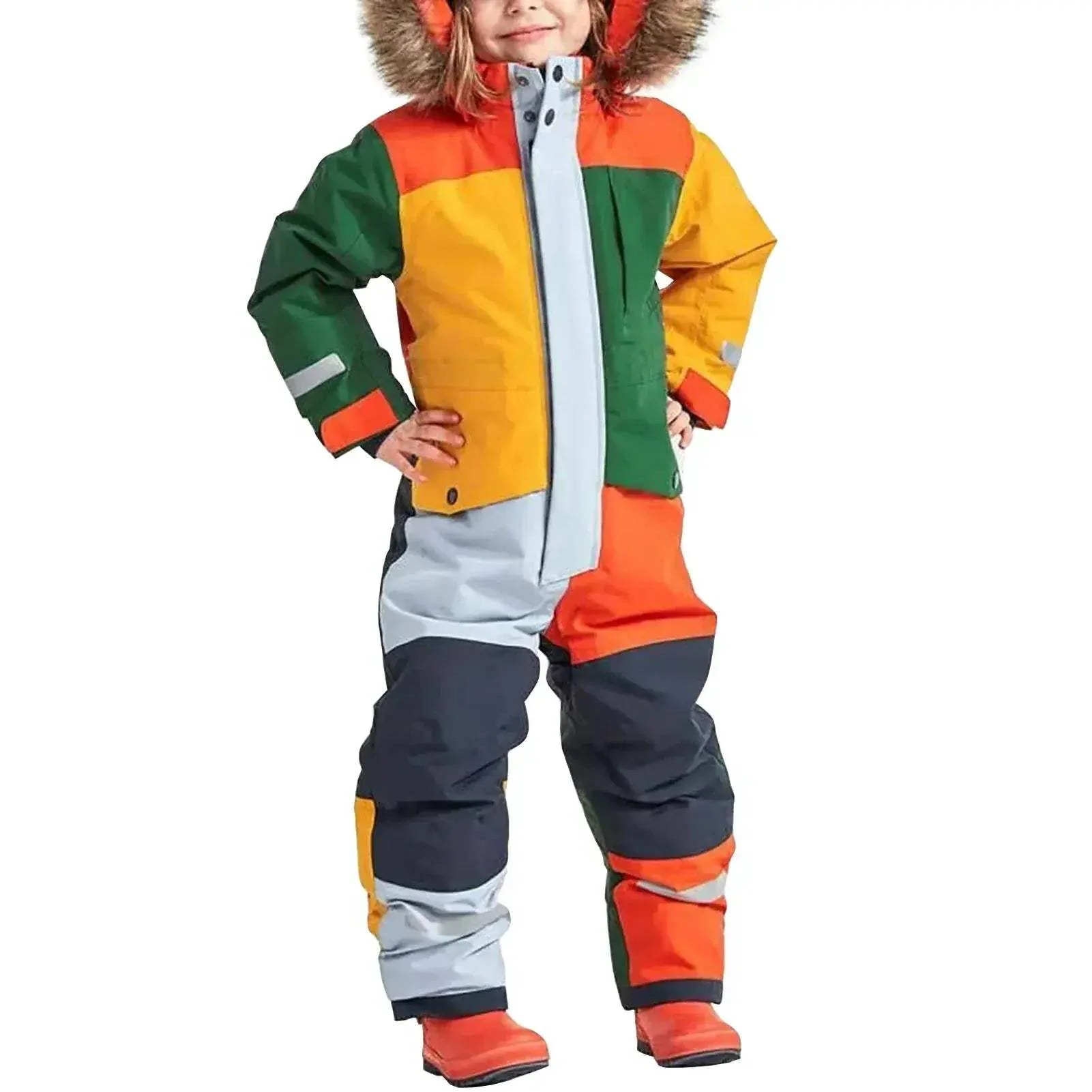 Kids Ski Suit One Piece Fur Hood Windproof Warm Winter - Image 4