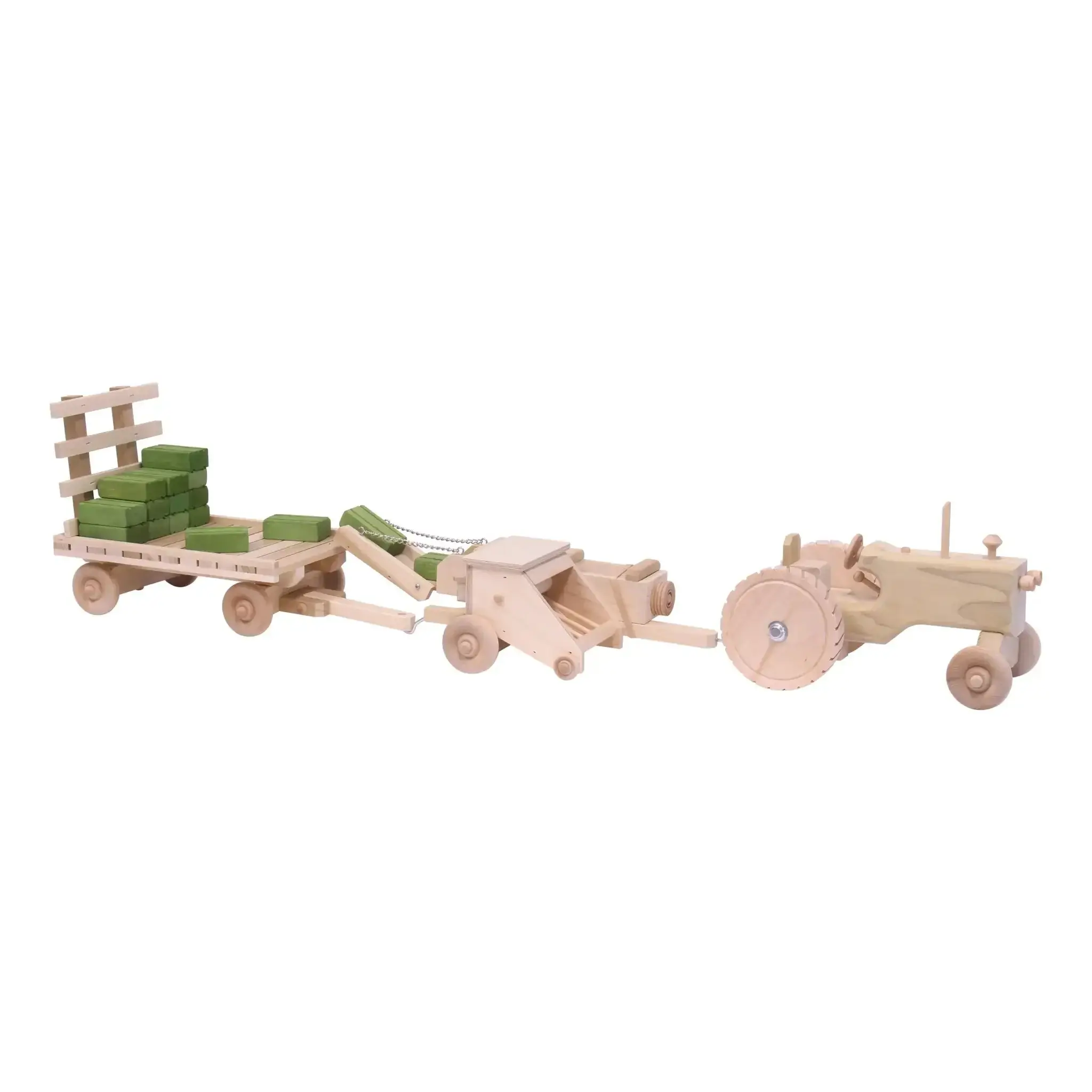Little Farmer Hay Baling Toy Set - Wooden Toy Tractor, Hay Baler, Hay Wagon and 16 Hay Bales - Image 3