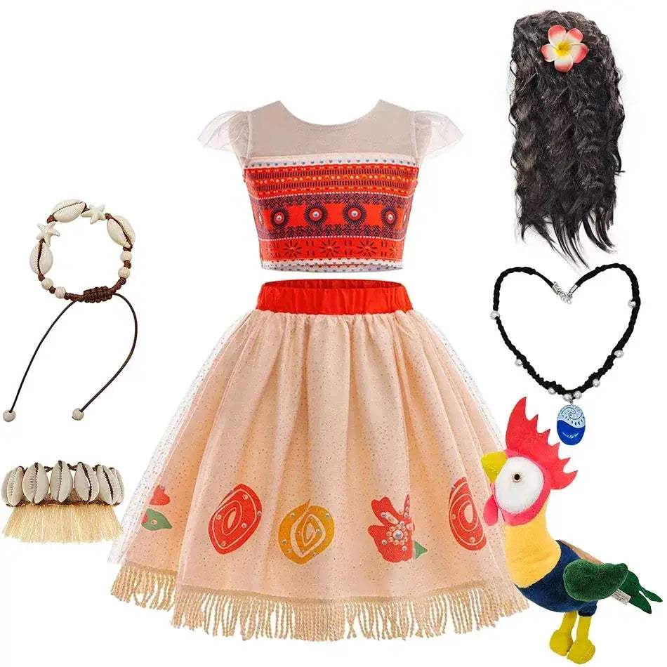 Luxurious Cosplay Dress Set Moana Theme Two Piece Top And Skirt For Girls Halloween Costume - Image 9