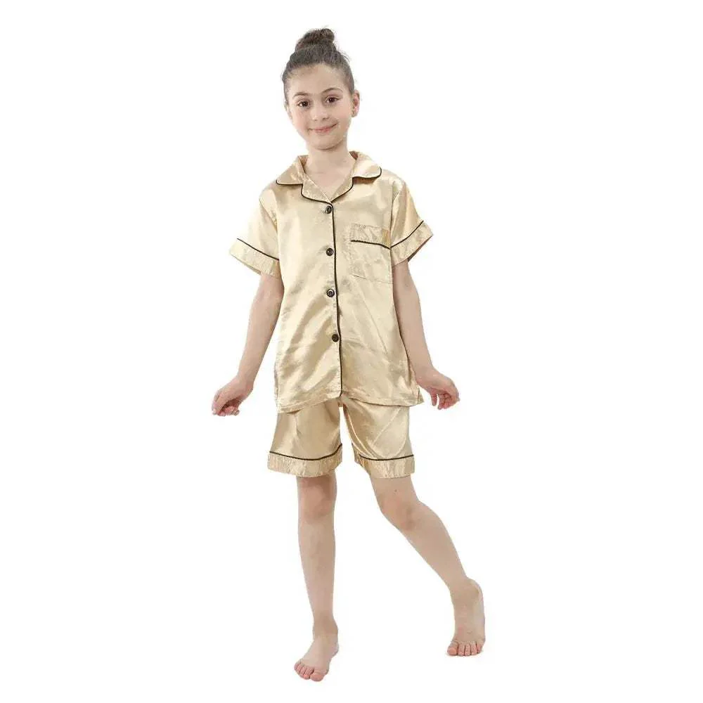 Luxurious Silk Satin Pajama Set For Kids With Turn Down Collar For Boys And Girls Ages 3 To 13 - Image 3