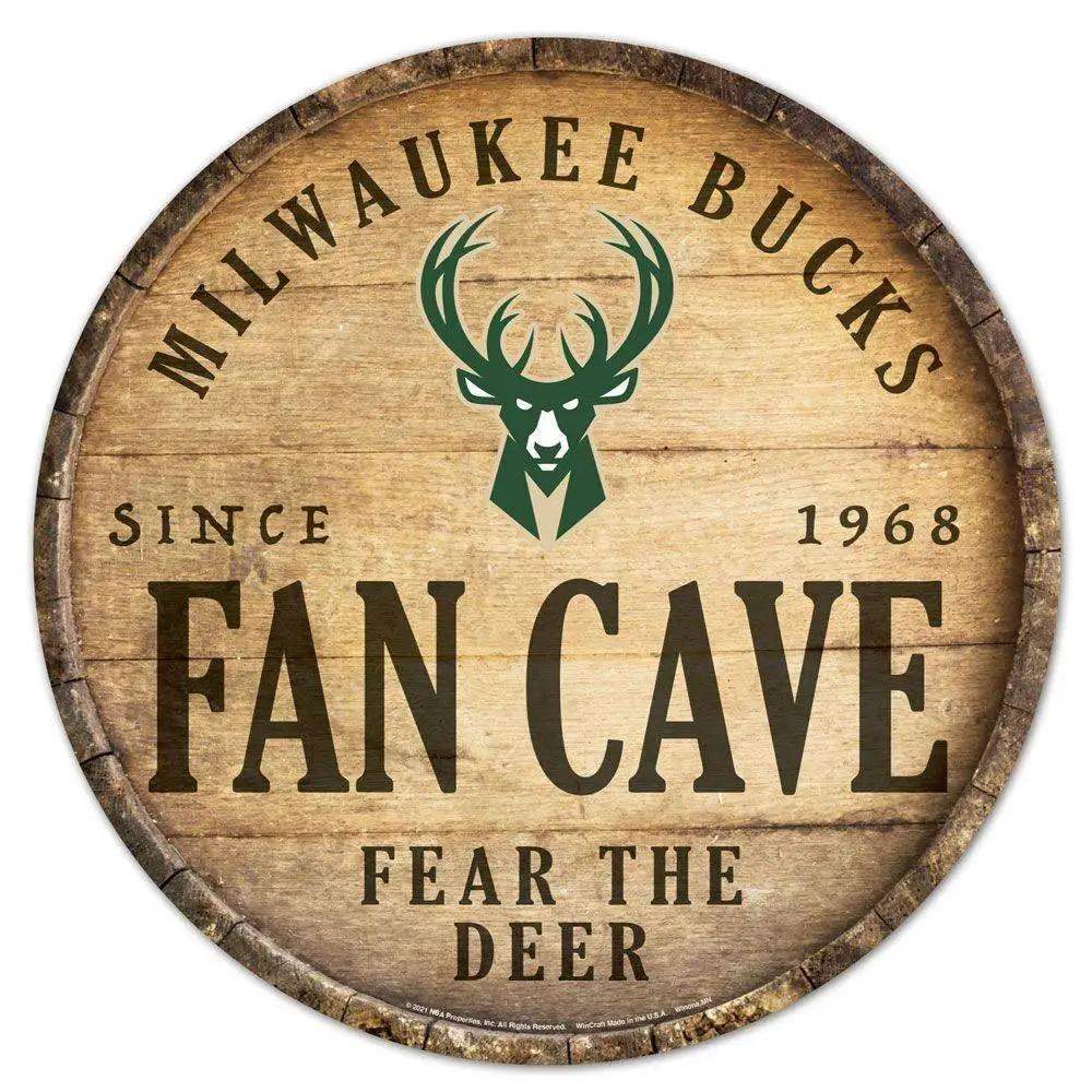 Milwaukee Bucks Wood Sign 14 Inch Round Barrel Top Design