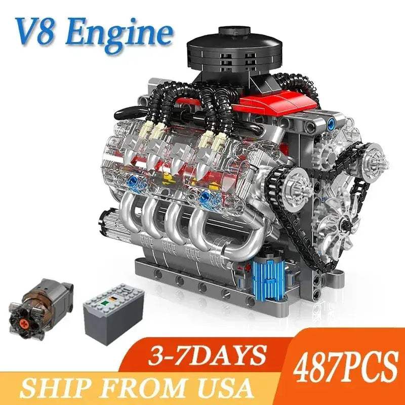 MOC V8 Engine Building Blocks Set 487 Realistic Gearbox