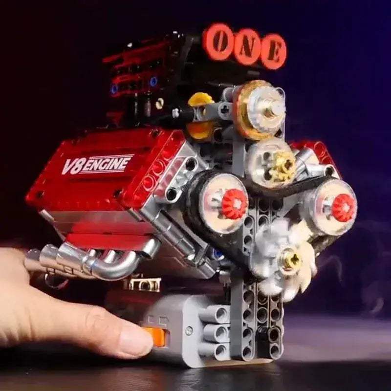 Motorized V8 Engine Lego Compatible Brick Model With Electric Drive