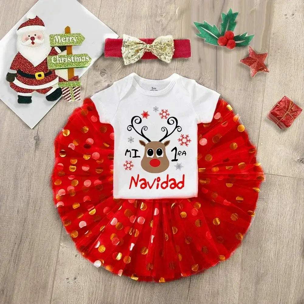 My First Christmas Deer Print Baby Bodysuit With Sequined Tutu