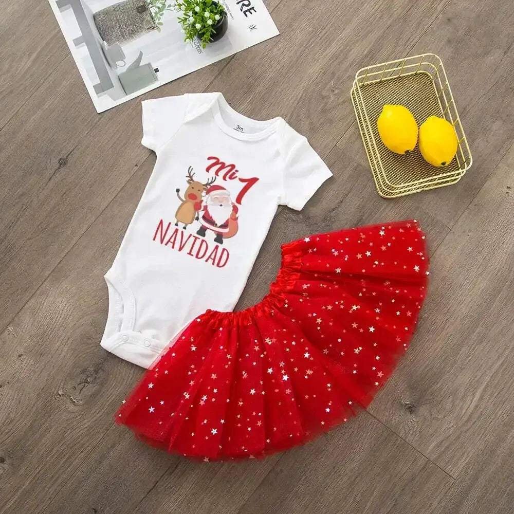 My First Christmas Deer Print Baby Bodysuit With Sequined Tutu - Image 11