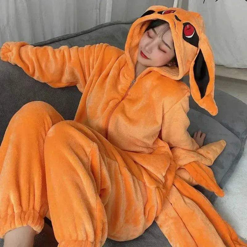 Naruto Shippuden Kurama Kyuubi Fox Cosplay Costume Kigurumi Adult Unisex Anime Pajamas Flannel Jumpsuit Sleepwear Onesies - Image 3