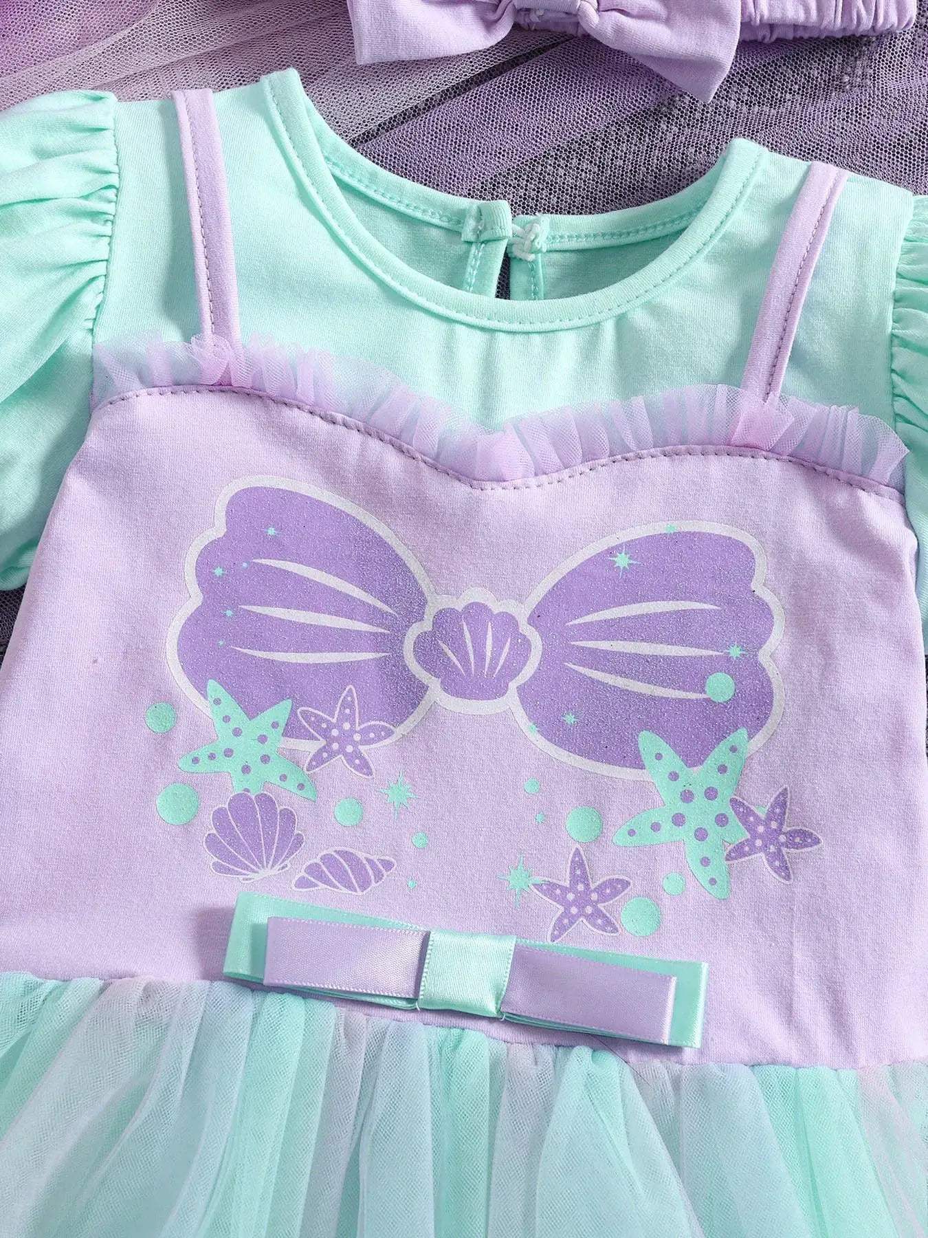 New Baby Girls Dress Set Mermaid Gradient Tutu Skirt With Bow For Toddlers 1 To 2 Years Crawling Suit - Image 3