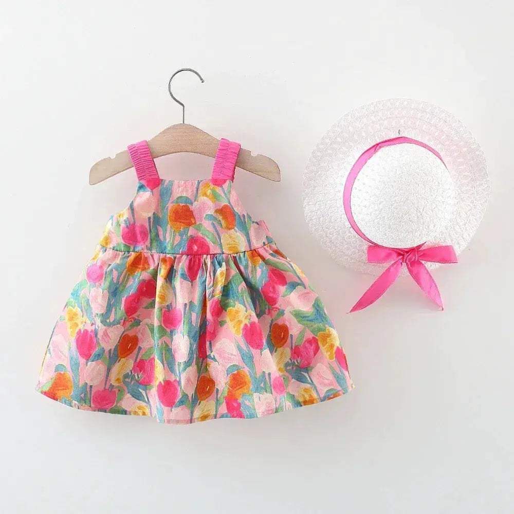 Newborn Baby Girl Dress Summer Floral Print Bow Hat - Image 2