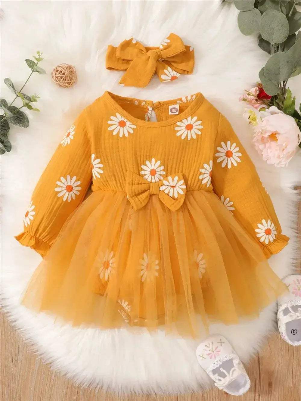 Newborn Baby Girl Dress With Daisy Tulle Patchwork