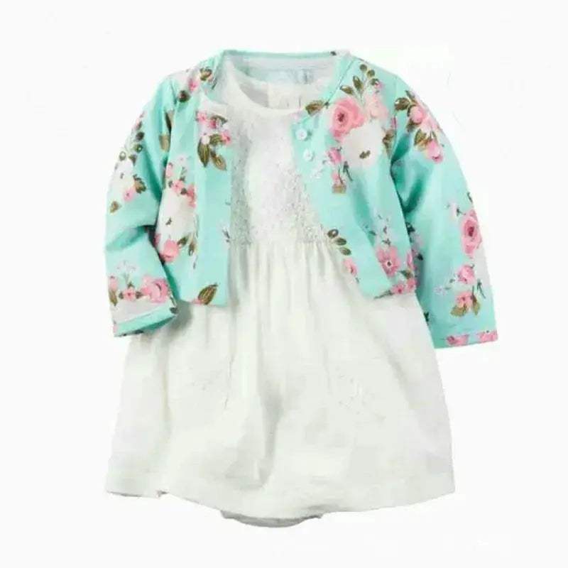 Newborn Baby Girls Floral Button Romper Set With Coat - Image 9
