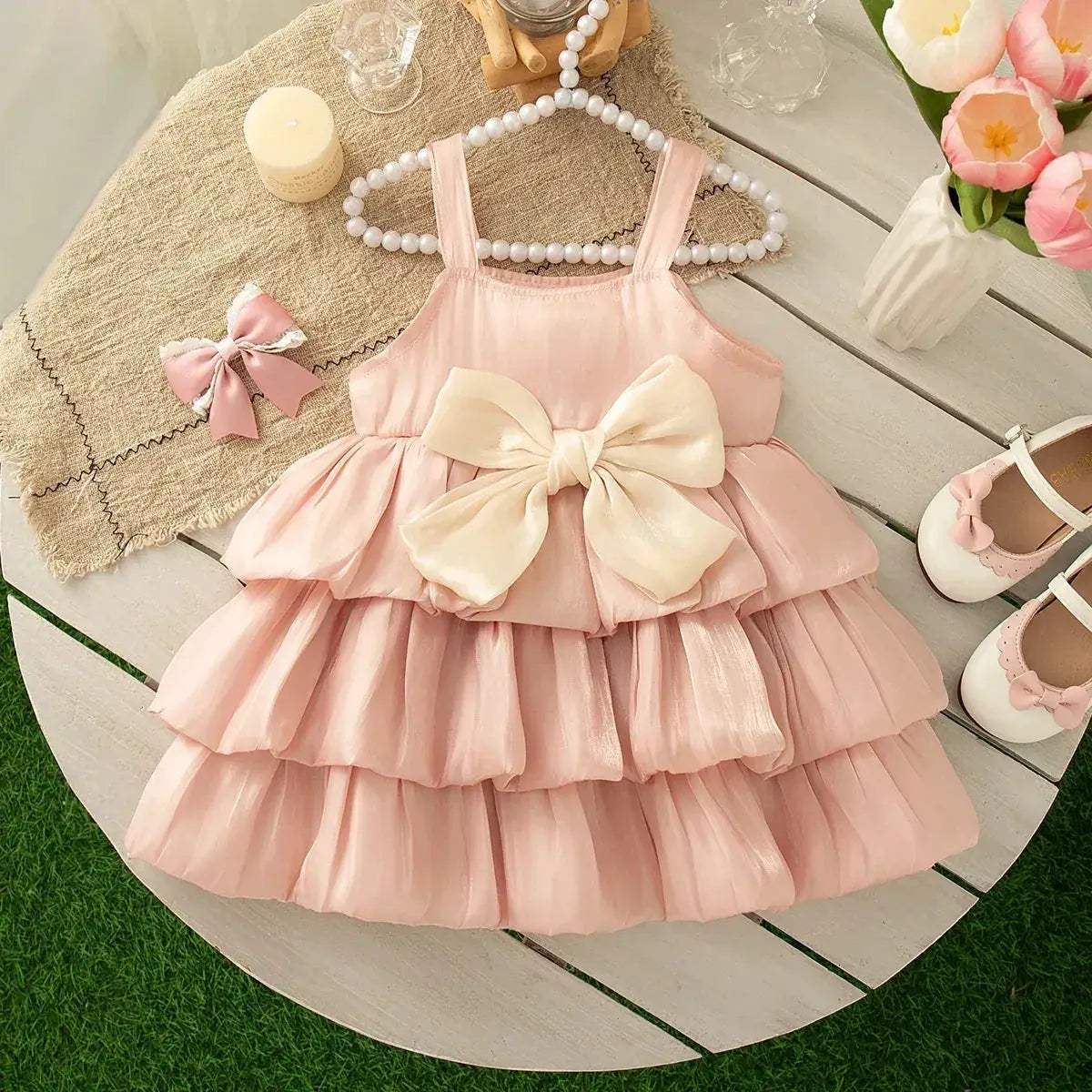 Pink Baby Girl Dress With Bow Suspender For Party Wedding