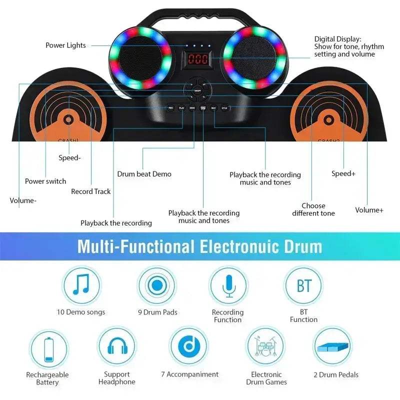 Portable Foldable 9 Pad Electronic Drum Set With Speaker - Image 4
