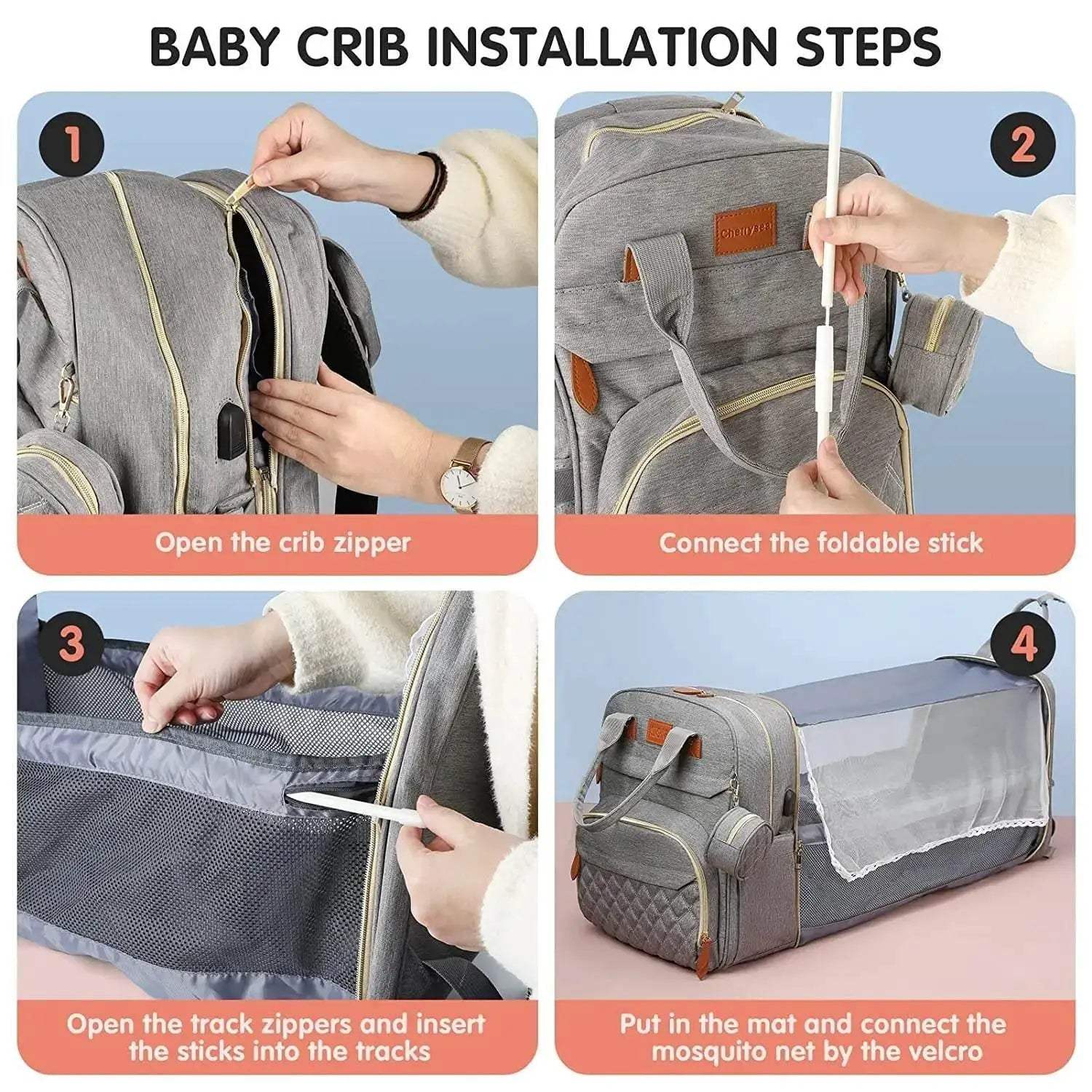 Premium Diaper Bag Backpack Foldable Baby Bed USB Charge Waterproof For Parents On The Go - Image 2
