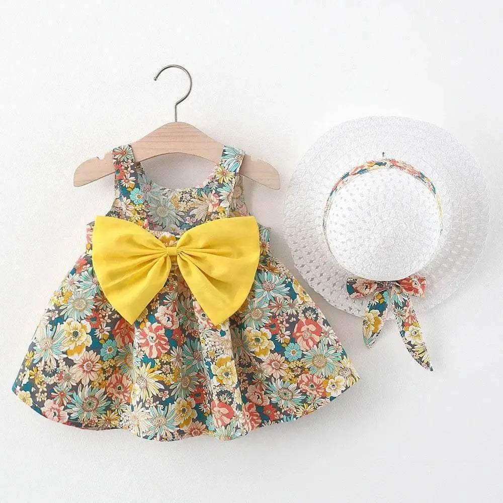 Premium Girls Summer Dress Set Floral Seaside Pattern Butterfly Backless Design With Hat For Vacation