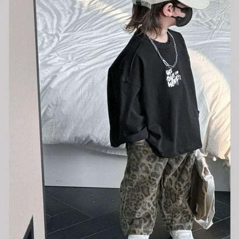 Premium Kids Jeans Leopard Print Loose Fit Elastic Waist Pure Cotton All Season For Ages 7 To 13 - Image 5
