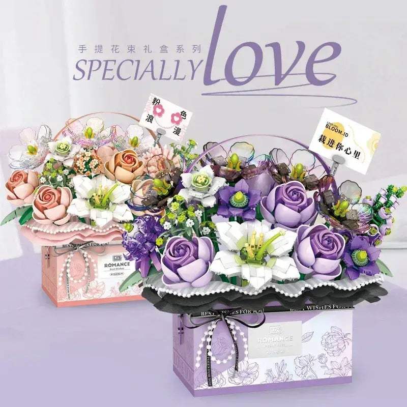 Premium Lego Compatible Building Block Kit Mini Rose Flower Basket With Light For Home Decor Gift
