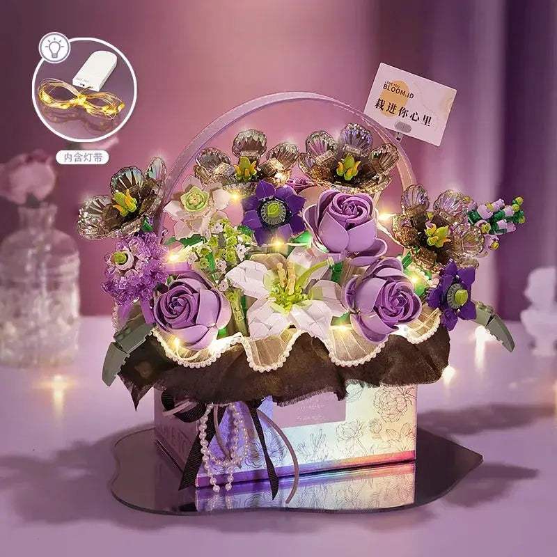 Premium Lego Compatible Building Block Kit Mini Rose Flower Basket With Light For Home Decor Gift - Image 3