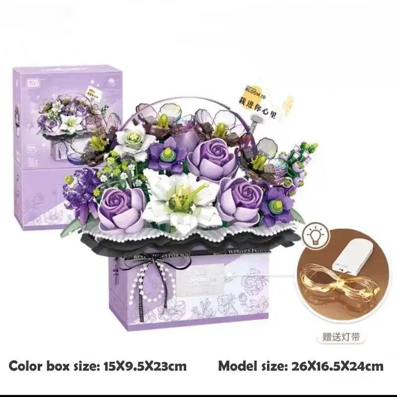 Premium Lego Compatible Building Block Kit Mini Rose Flower Basket With Light For Home Decor Gift - Image 8