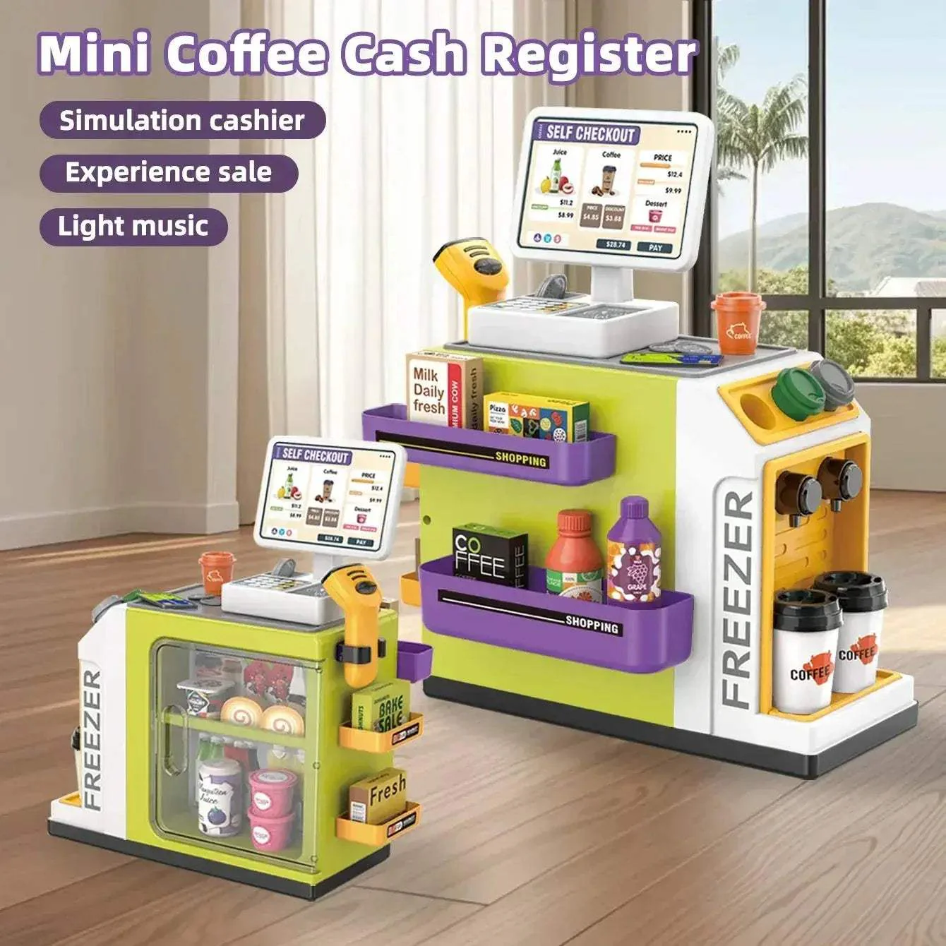 Premium Pretend Play Set For Kids Electric Coffee Machine Simulation And Cash Register 46 Piece Role Play Toy Kit - Image 2
