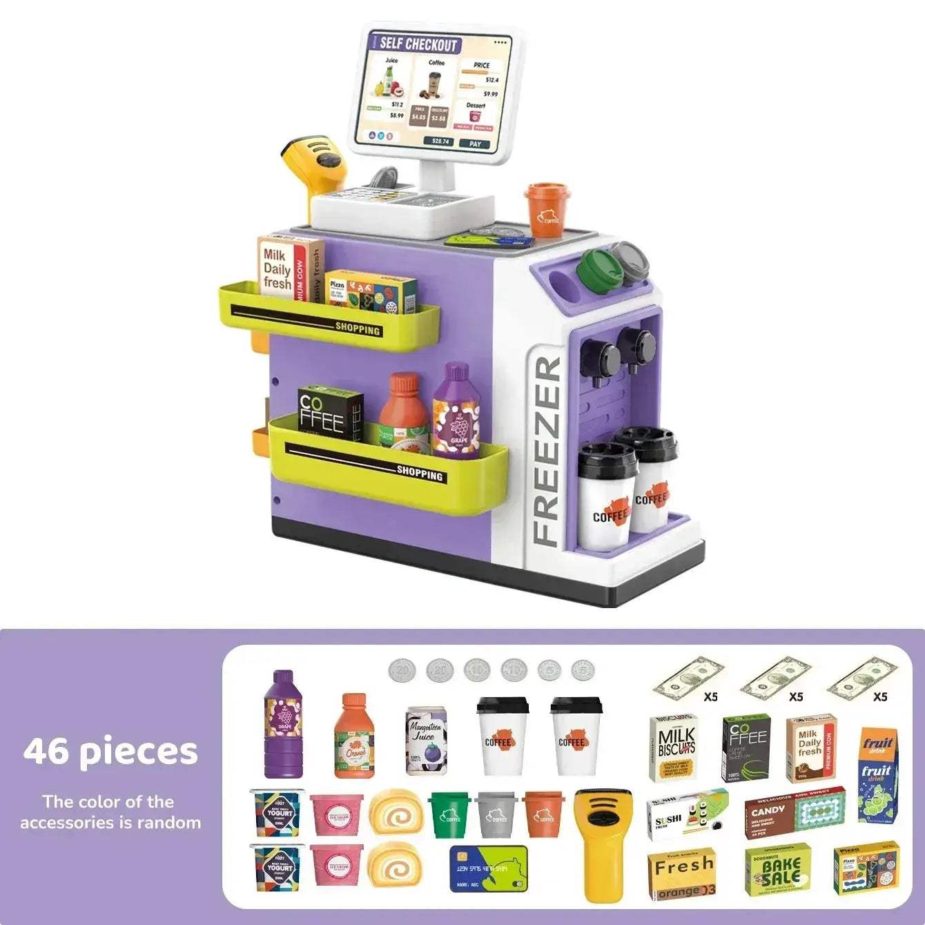 Premium Pretend Play Set For Kids Electric Coffee Machine Simulation And Cash Register 46 Piece Role Play Toy Kit - Image 8