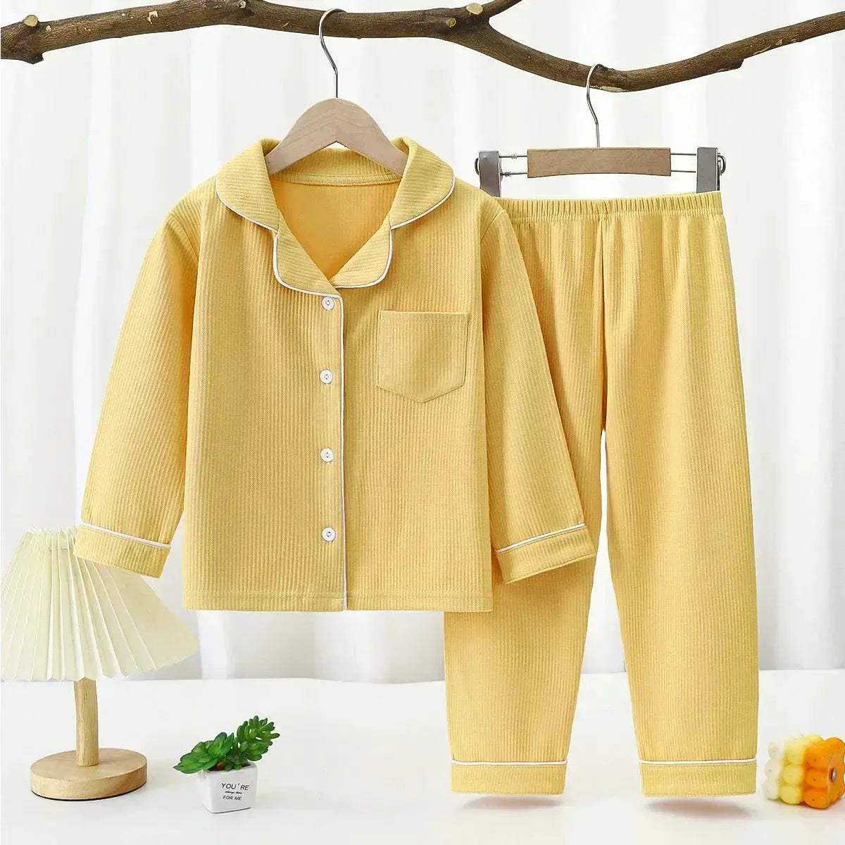 Premium Warm Pajama Set Long Sleeve Lapel Design With Heart Pattern All Seasons For Kids