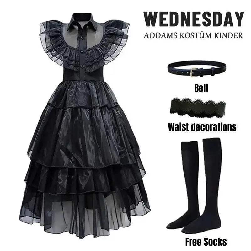 Premium Wednesday Addams Dress Up Costume With Wig For Girls - Image 7