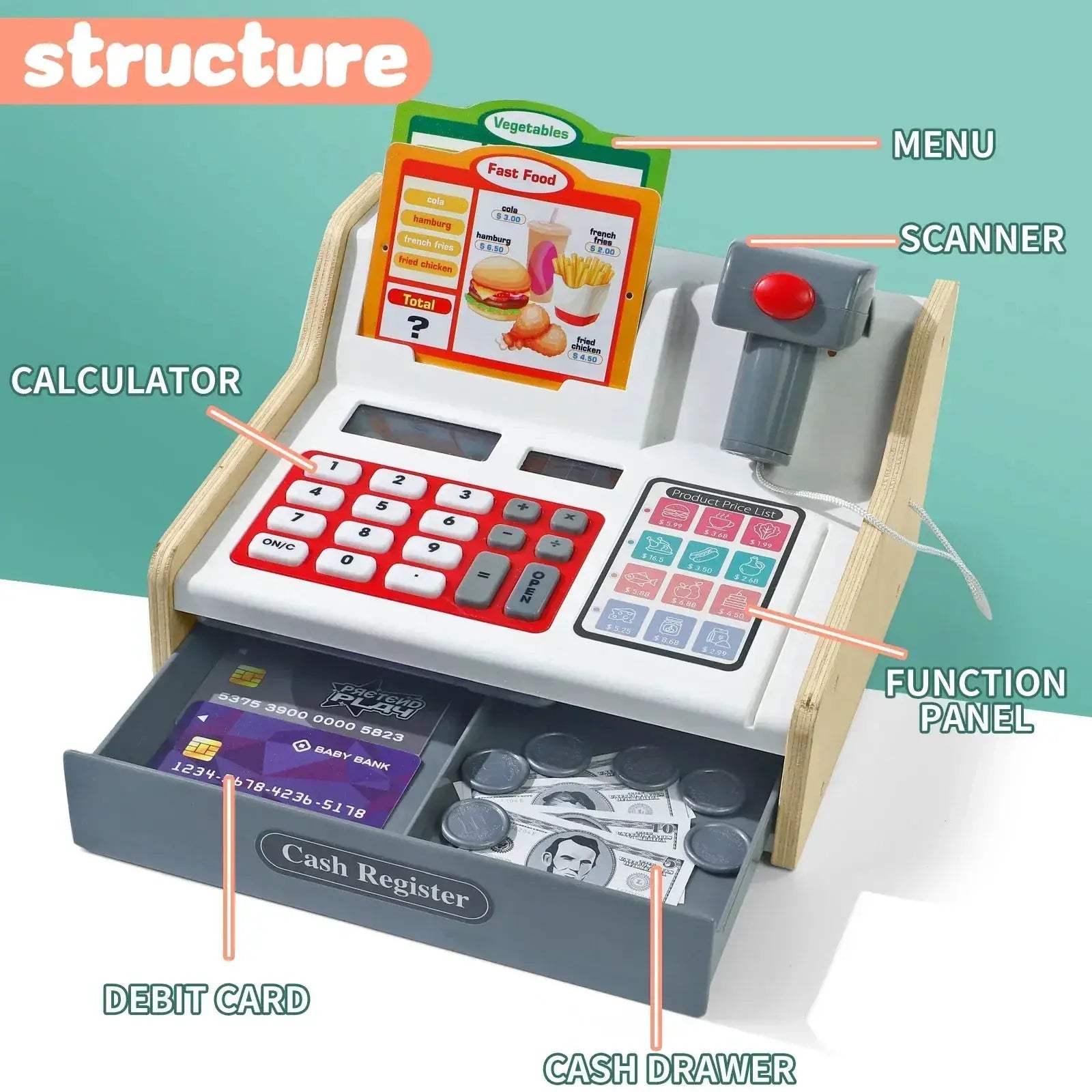 Premium Wooden Cash Register Playset With Real Calculator For 3 To 6 Year Olds Pretend Play Store - Image 6