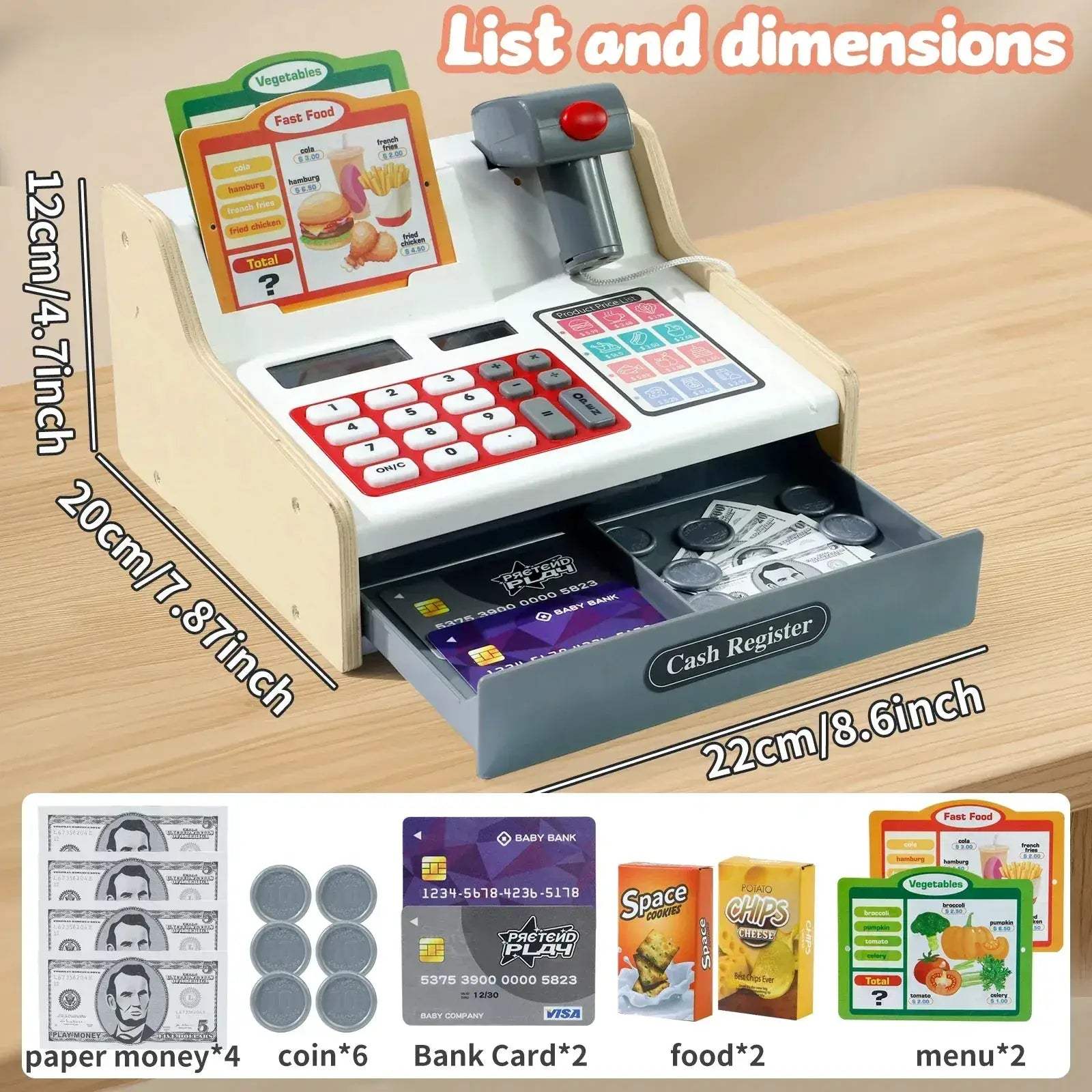 Premium Wooden Cash Register Playset With Real Calculator For 3 To 6 Year Olds Pretend Play Store - Image 8