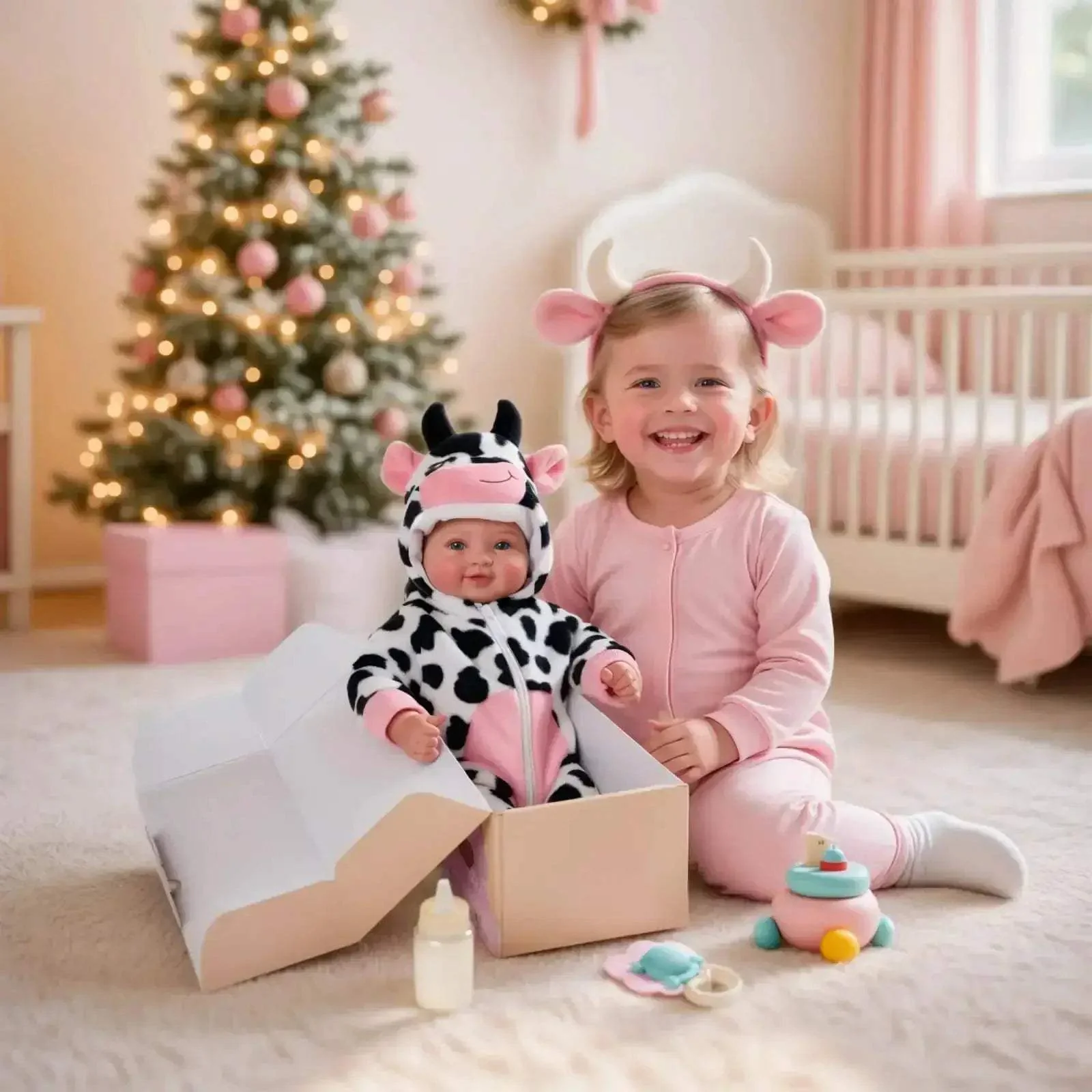 Realistic 17 Inch Baby Doll With Blue Eyes Cow Outfit - Image 3