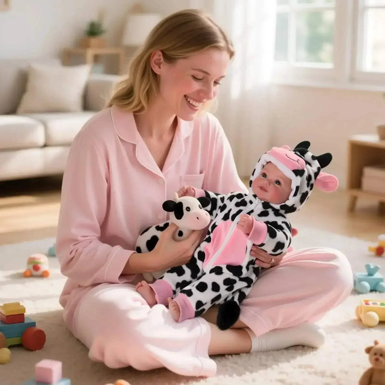 Realistic 17 Inch Baby Doll With Blue Eyes Cow Outfit - Image 4