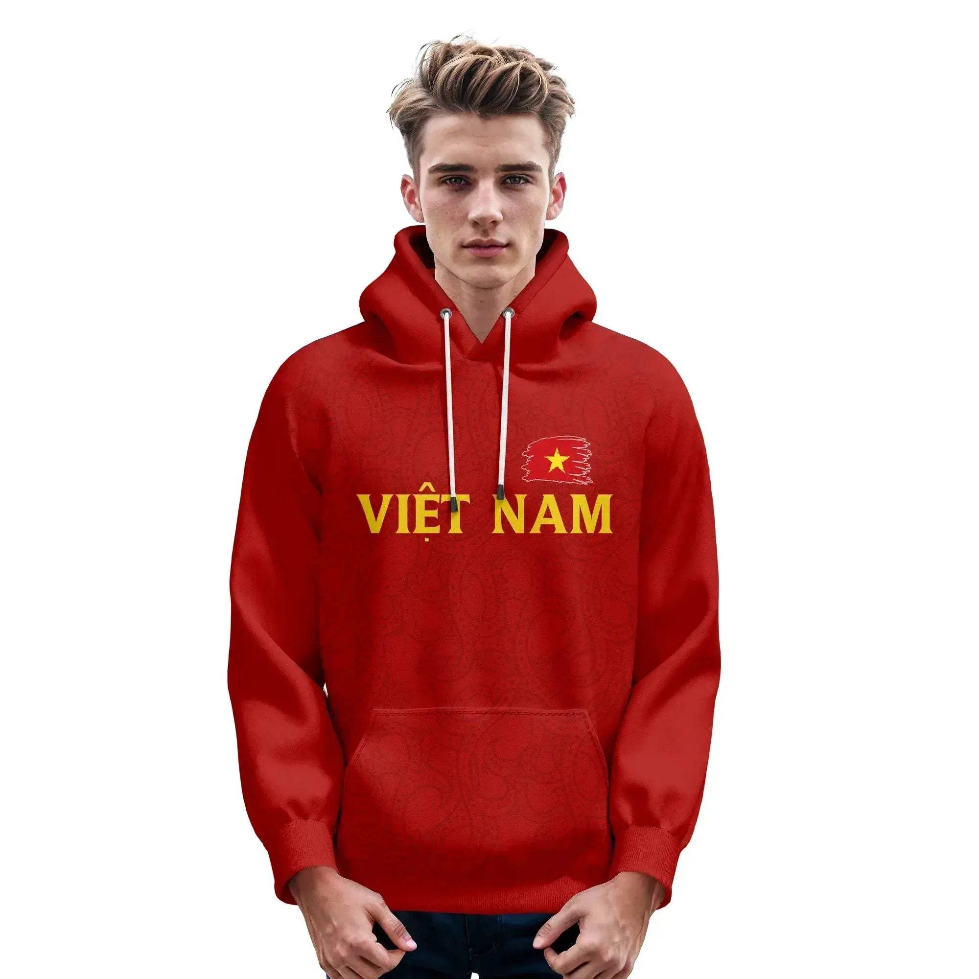 Red Vietnam Flag Pullover Hoodie Unisex Custom Printed Name and Number Sports Sweatshirt - Image 3