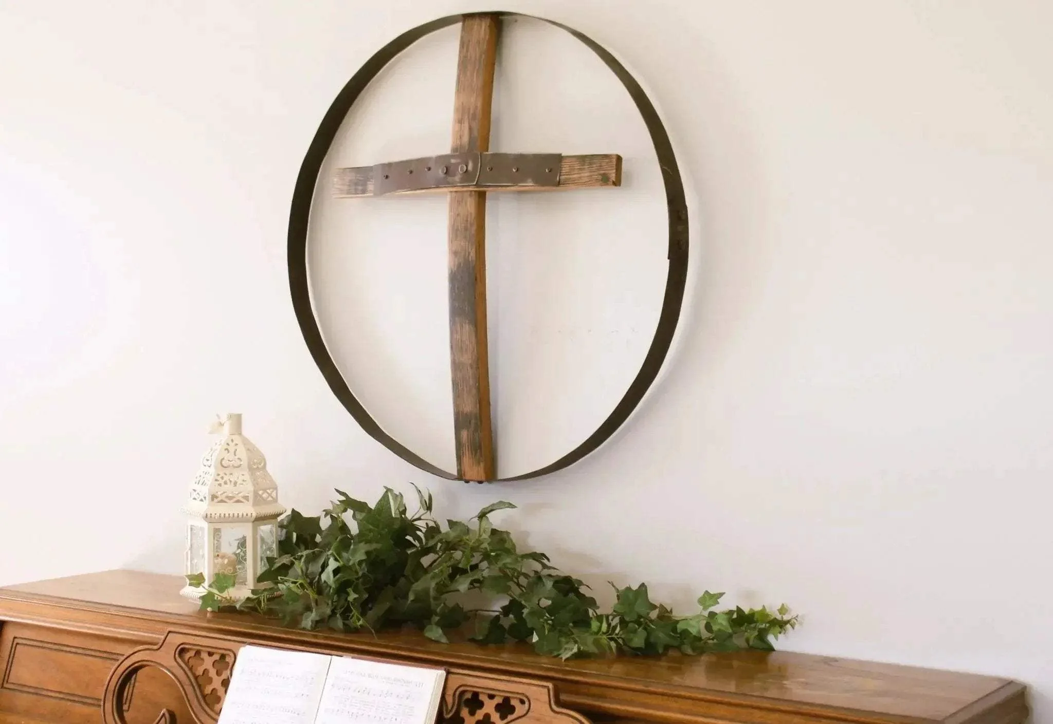Rustic Reclaimed Barrel Cross Wall Art, Large 23" Diameter Religious Wall Decor, Amish-Made - Image 3