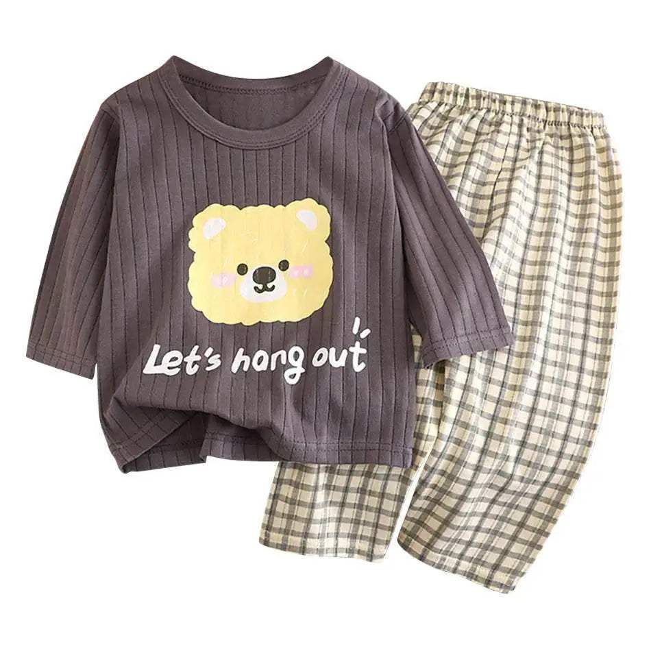 Soft Breathable Cotton Long Sleeve And Pants Pajama Set For Boys And Girls Cartoon Bear Unisex Summer Sleepwear - Image 23