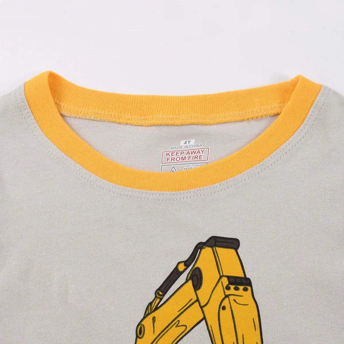 Soft Cotton Polyester Pajama Set With Long Sleeve And Long Pants Cartoon Excavator Print For Boys Ages 2 To 9 - Image 3