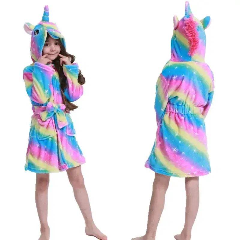 Unicorn Hooded Bathrobe For Kids Soft Flannel Sleepwear - Image 14