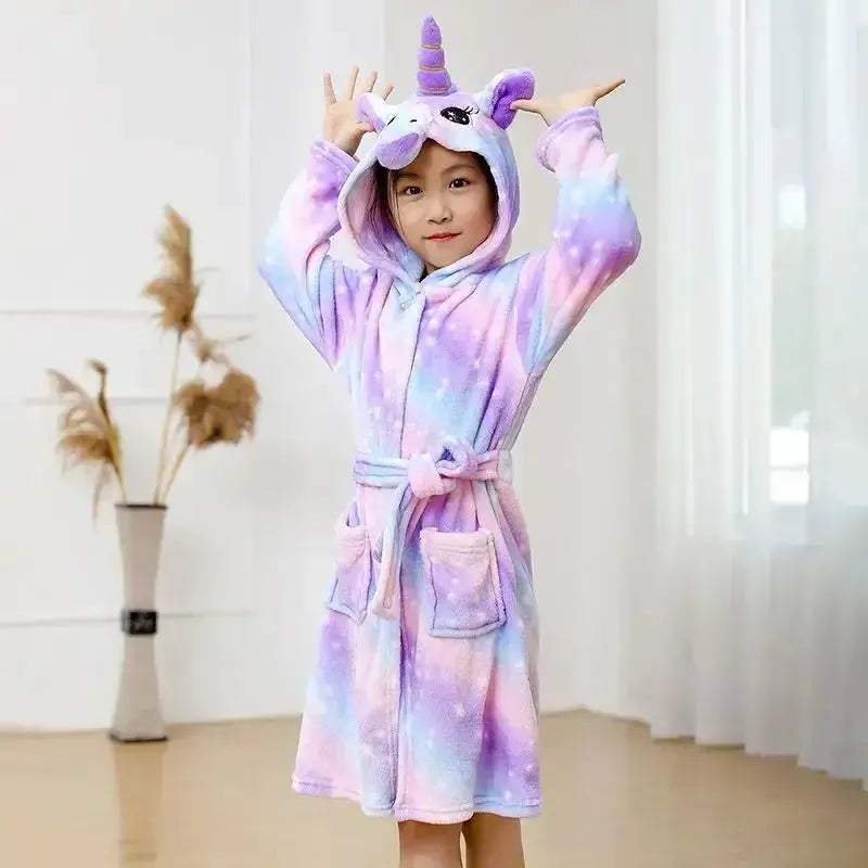 Unicorn Hooded Bathrobe For Kids Soft Flannel Sleepwear - Image 3