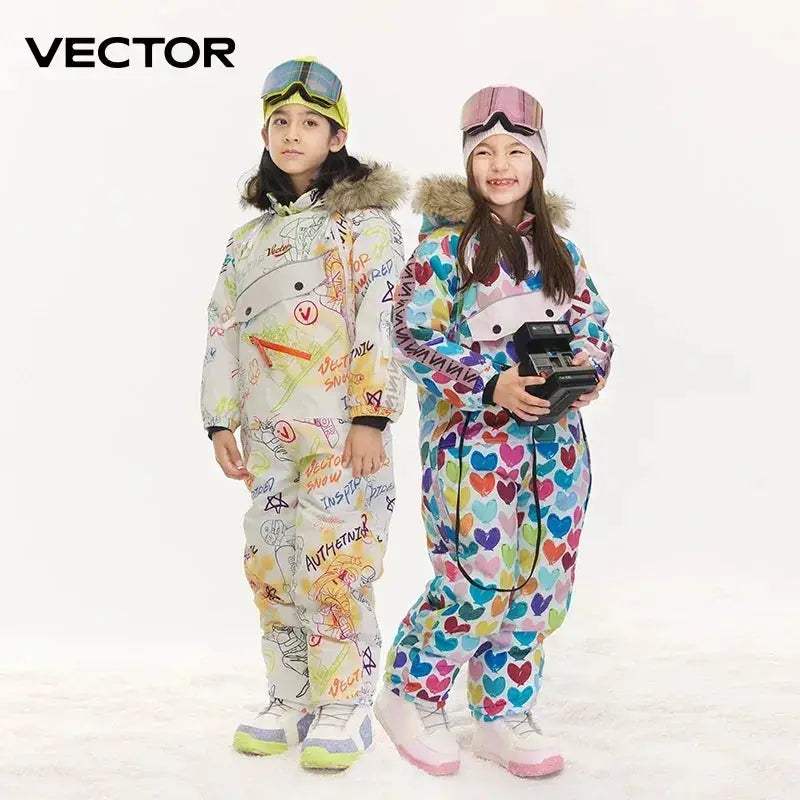 Vector Kids Waterproof Ski Jumpsuit With Warm Hooded Winter Overalls