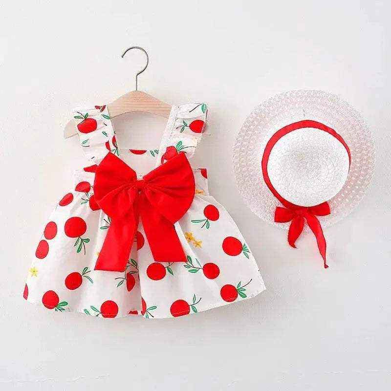 Vibrant Girls Cotton Skirt Fruit Print And Big Bow Plus Free Straw Hat For 3 To 6 Years - Image 5