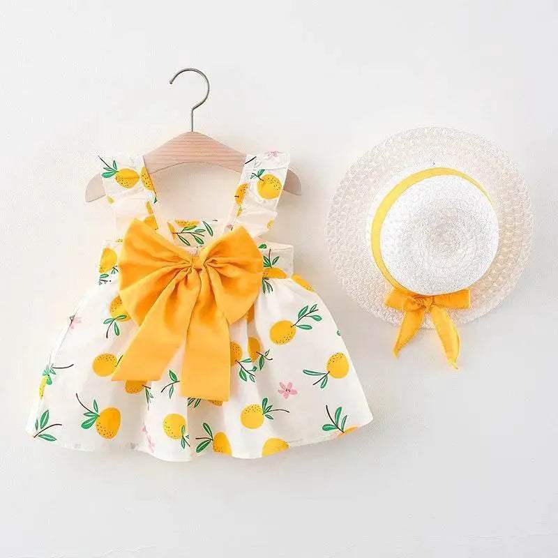 Vibrant Girls Cotton Skirt Fruit Print And Big Bow Plus Free Straw Hat For 3 To 6 Years - Image 6
