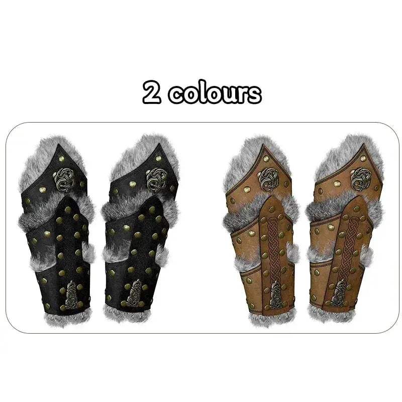 Viking Leather Gauntlets With Velvet Fur Trim For Larp Cosplay - Image 5