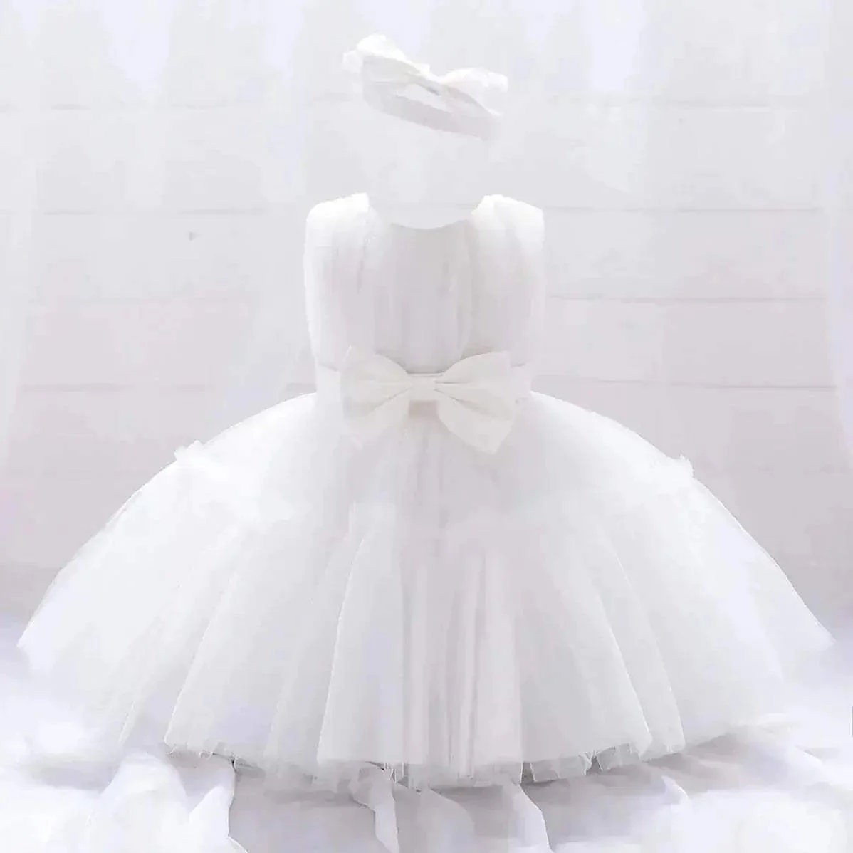 White Toddler Party Dress With Bow Perfect For First Birthday - Image 15