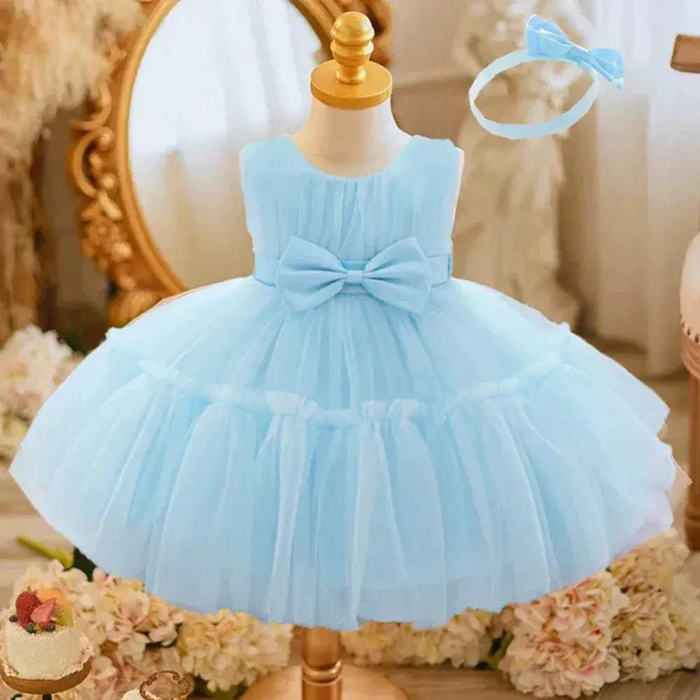 White Toddler Party Dress With Bow Perfect For First Birthday - Image 3